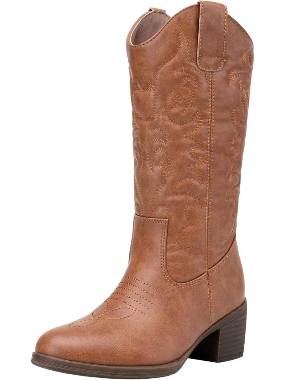 Women's Cowboy Boots Western Cowgirl Round Toe Mid Calf Boot Faux Leather Brown